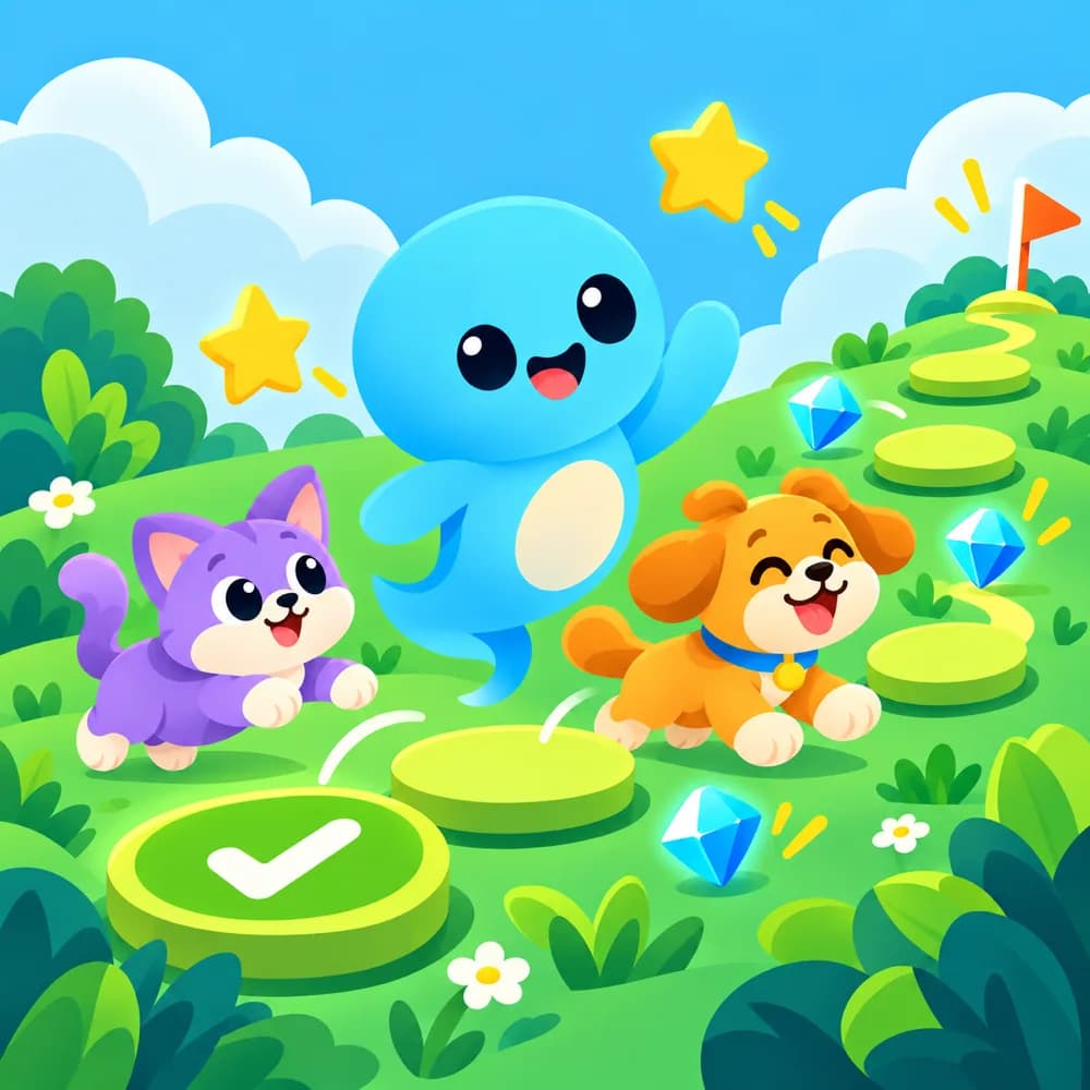 Genie, the cat and the pup hopping along a path of quest tiles collecting gems