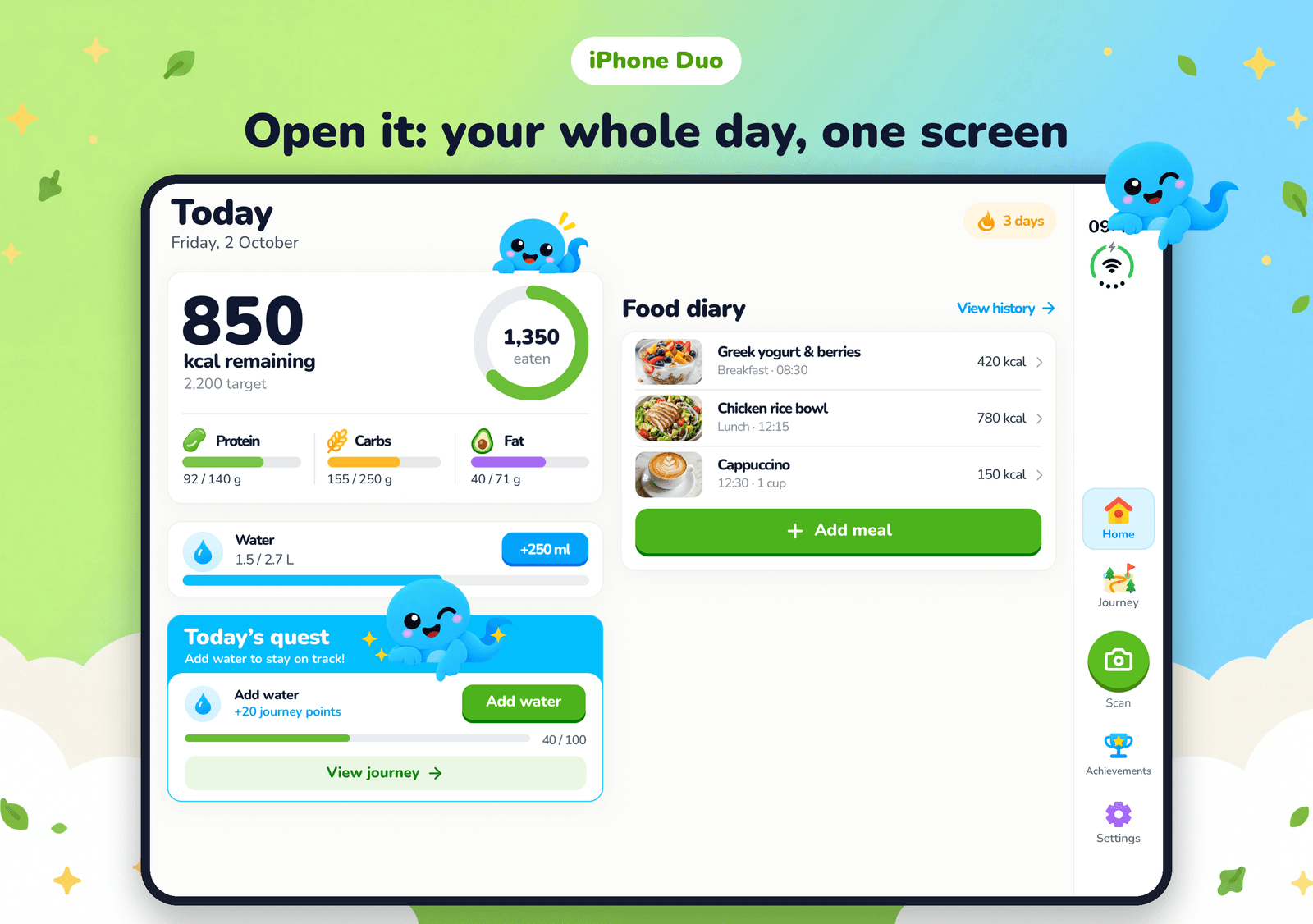 Calorie Genie on iPhone Duo, open on the inner screen with the calorie ring and macros beside today's meals