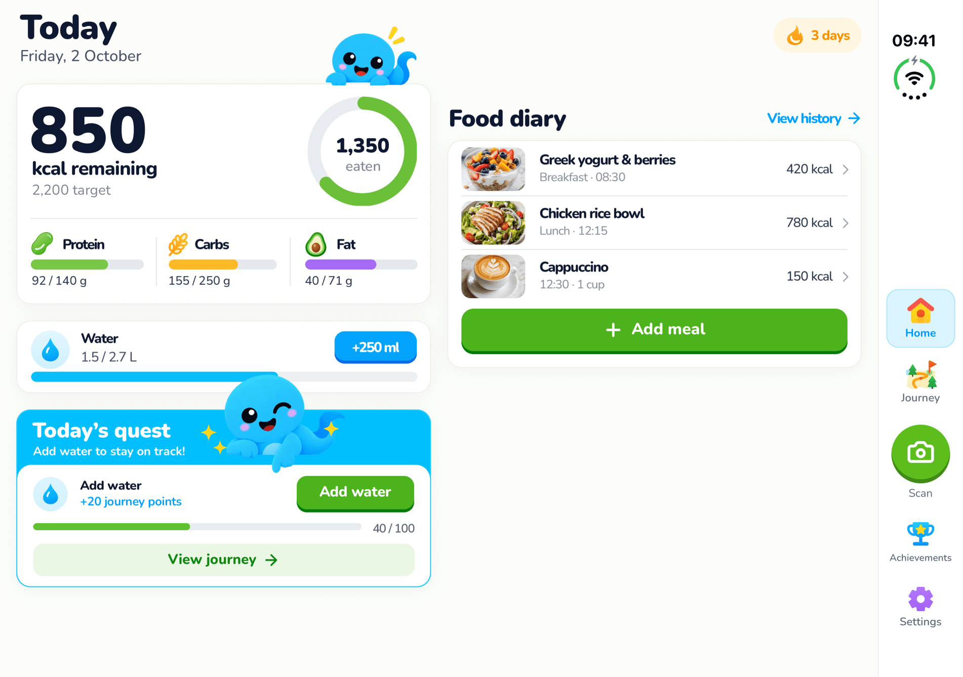 Calorie Genie two-column dashboard on the iPhone Duo inner screen: calorie ring, macros, water and daily quest on the left, today's meals on the right
