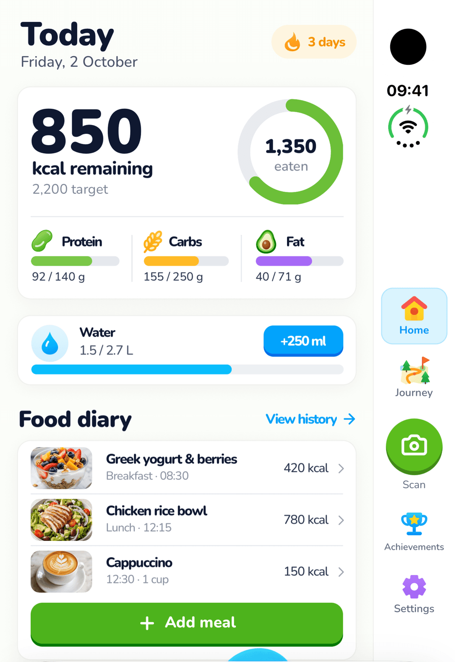 Calorie Genie Home on the iPhone Duo outer screen, with navigation and the Scan button in a rail on the right edge