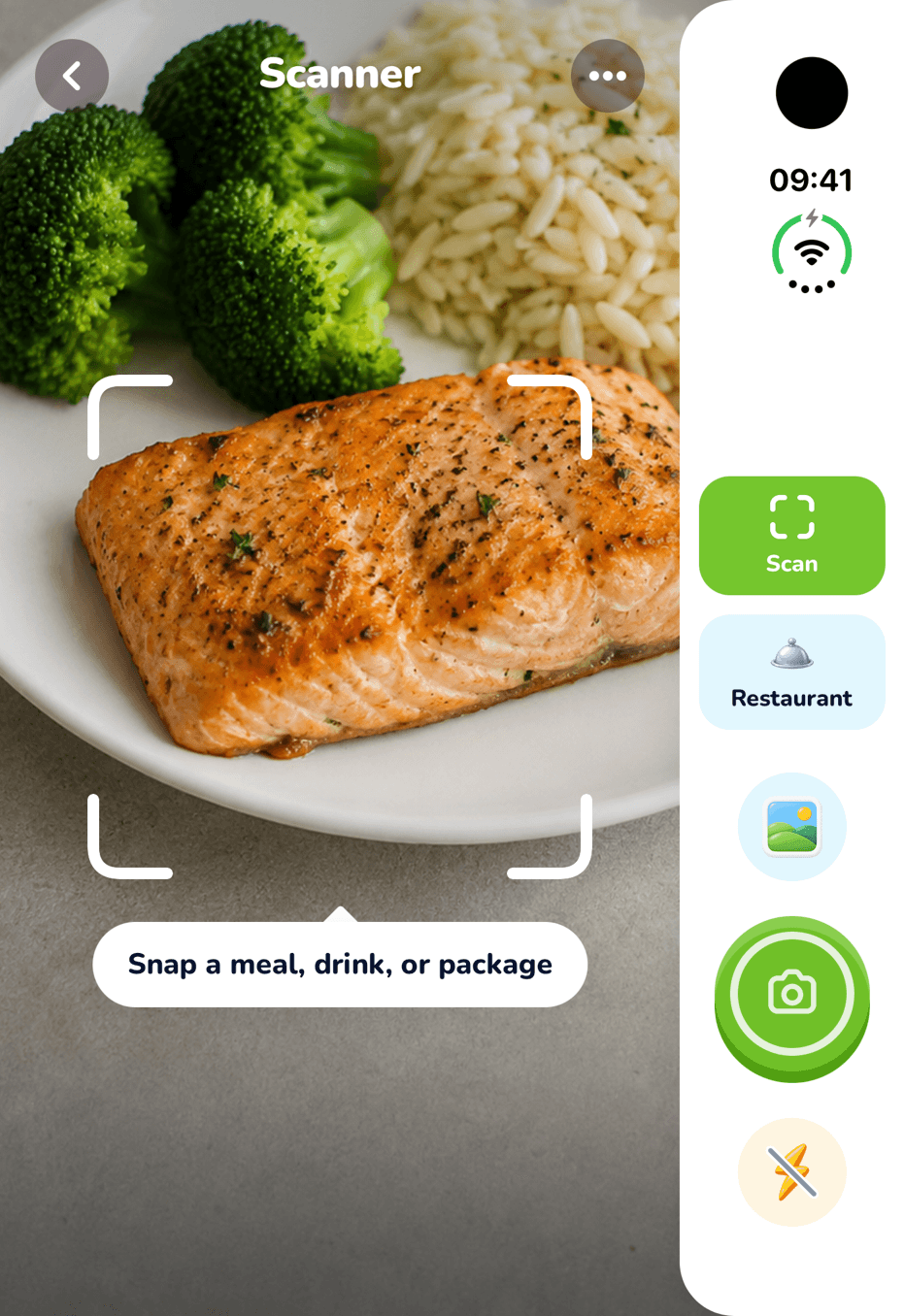 Meal scanner on the iPhone Duo outer screen: the camera fills the screen with the shutter in a right-hand control column