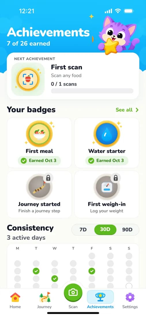 Achievements screen with earned badges and a consistency calendar