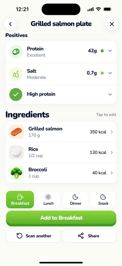 Ingredient list for the salmon plate with grilled salmon 350 kcal, rice 130 kcal and broccoli 40 kcal, each editable