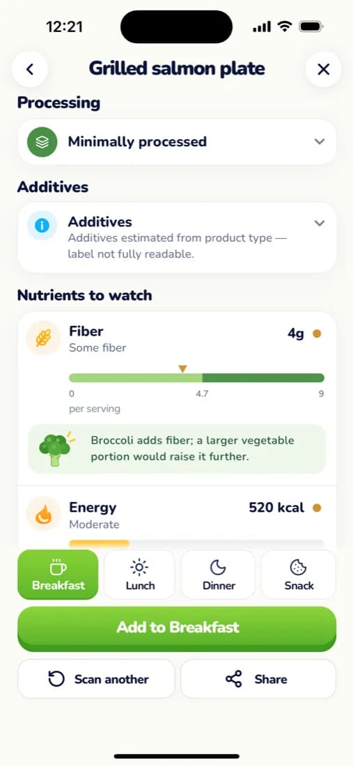 Food scan screen showing processing level, additives and nutrients to watch