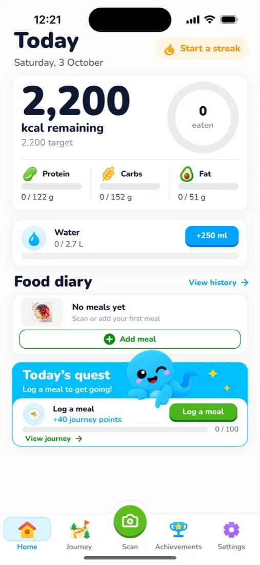 Calorie Genie home screen with daily calories, macros, water and today's quest