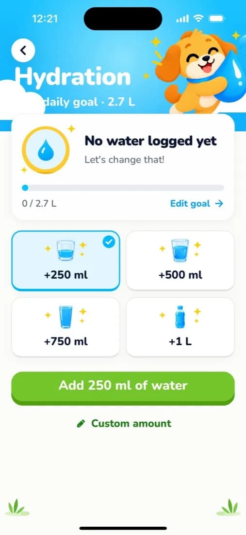 Hydration screen with a water goal and quick-add buttons