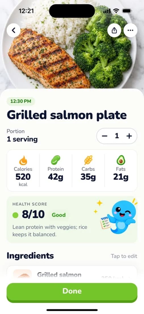 Calorie Genie meal result showing calories, protein, carbs and fat for a grilled salmon plate