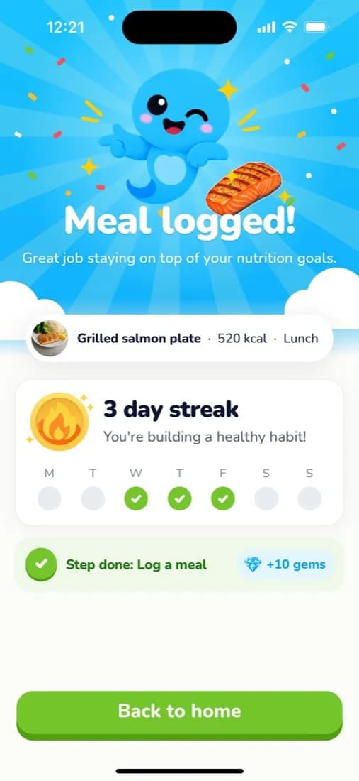 Meal logged screen showing a 3-day streak, the week's logged days and 10 gems earned