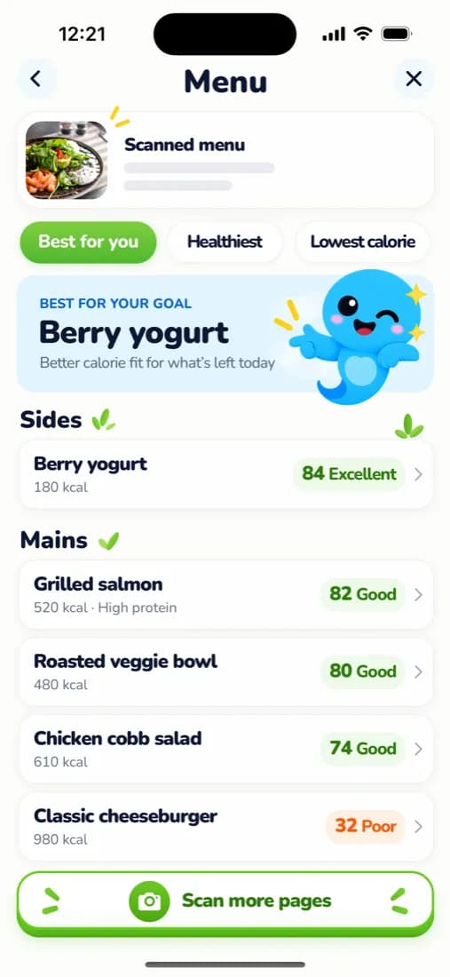 Scanned restaurant menu with dishes ranked by a score out of 100