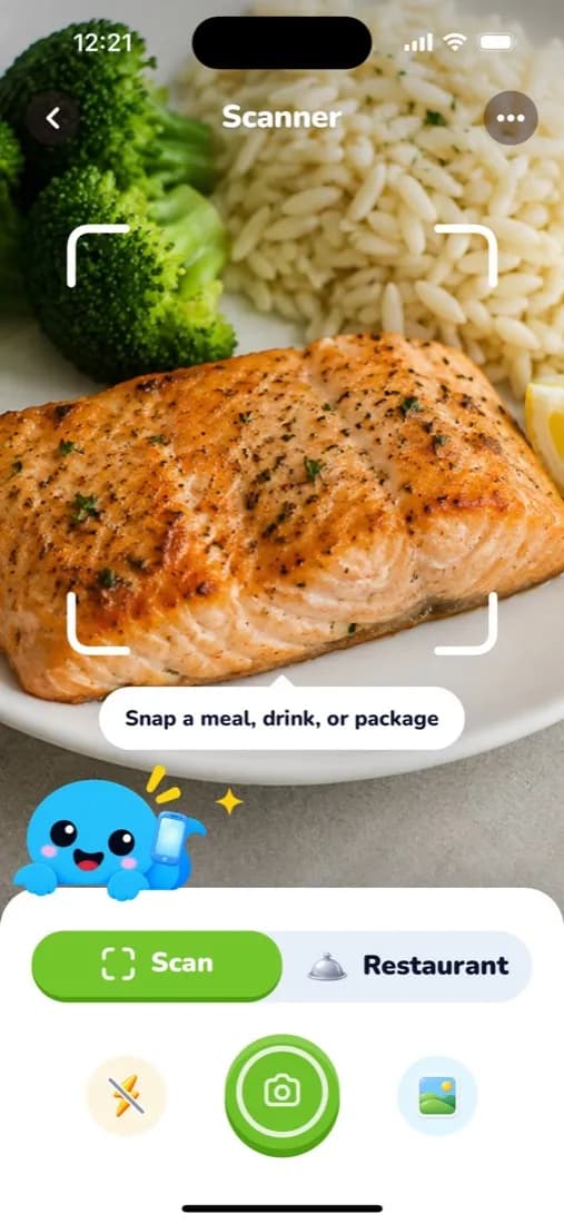 Calorie Genie scanner framing a salmon plate before the photo is taken