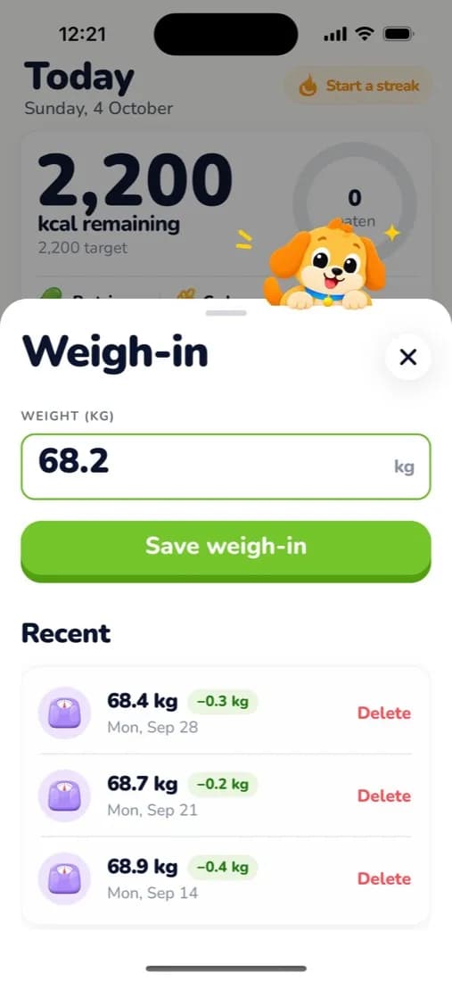 Weigh-in sheet with 68.2 kg entered and recent entries showing the change since the previous weigh-in
